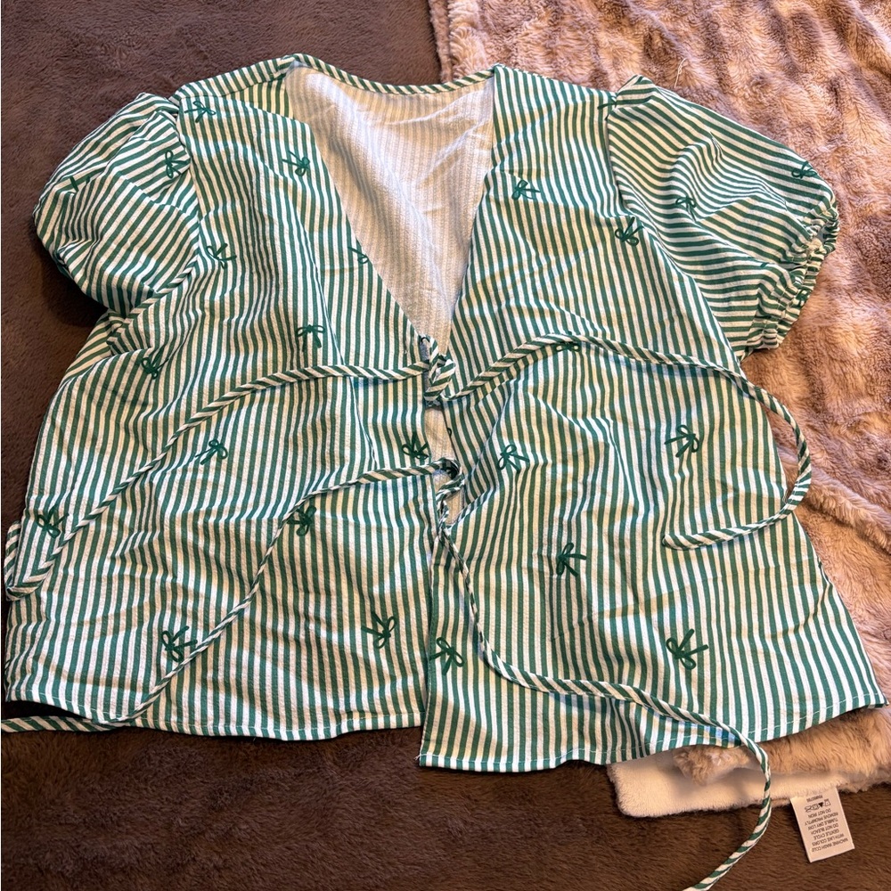 SHEIN Green Striped Wrap Top & Shorts